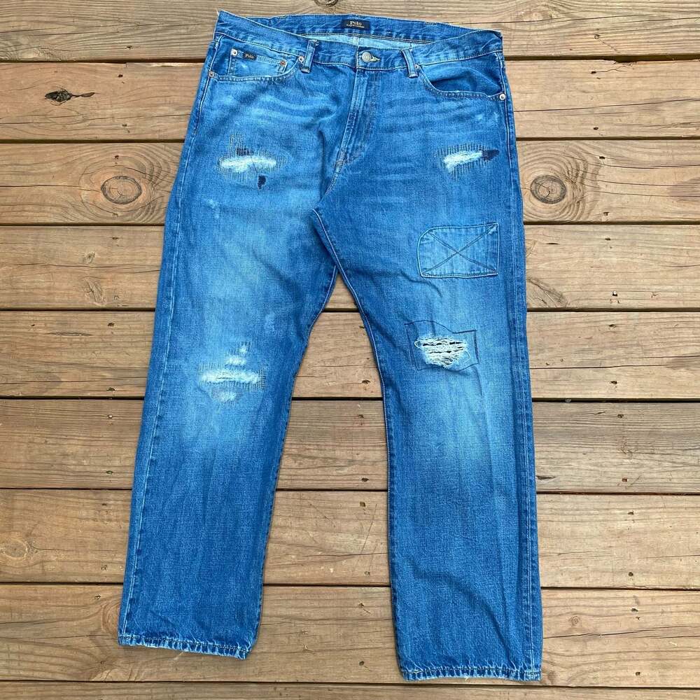 Polo Ralph Lauren The Classic Fit Distressed Patched Denim Jeans Size 38x32